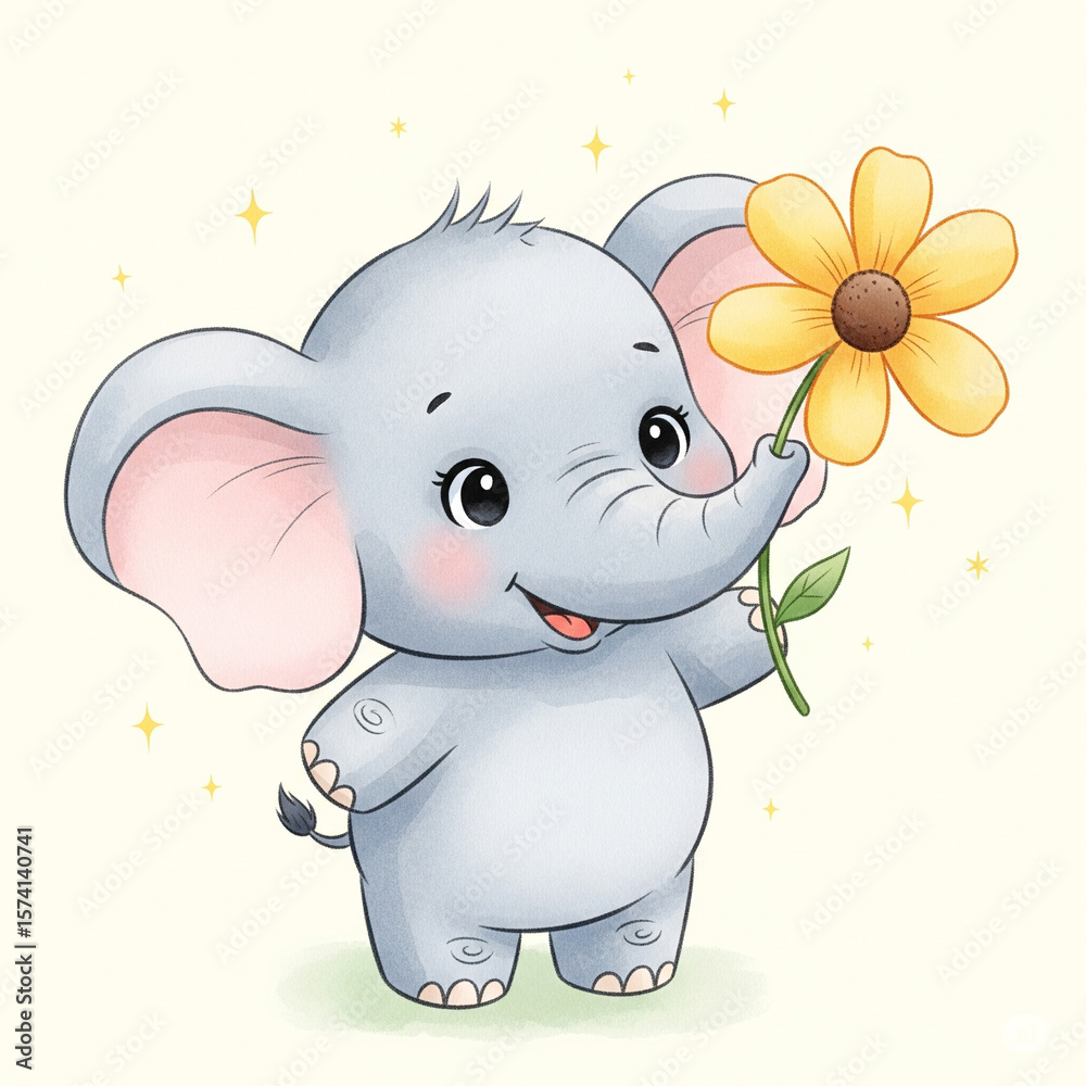 Fototapeta premium Cute cartoon elephant with a cheerful smile, a symbol of innocence and joy