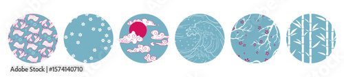 Japanese circle patterns collection - sakura flowers, red sun with clouds, ocean waves, cherry blossoms on branches, bamboo forest and tiny blooms. Traditional blue designs for asian themed projects.