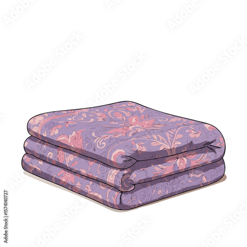 Decorative purple blanket with floral pattern folded neatly  