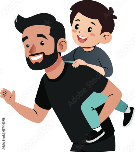 Father Giving Child Piggyback Ride Black Vector Art