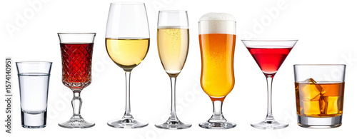 Set of alcoholic drinks in transparent background showing variety and choice
