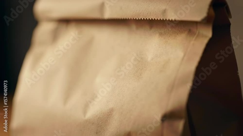 Close-up of a brown paper bag with a crinkled top edge detail.