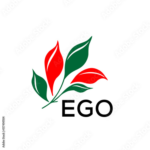 EGO Abstract Botanical Logo with Elegant Typography, EGO  Later Logo, Modern Nature Inspired Logo with Red and Green Leaves.
