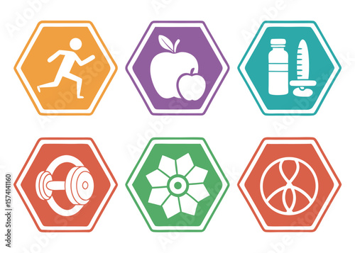 Icons of Running Figure Apple Water Bottle Dumbbell Flower and Abstract Symbol