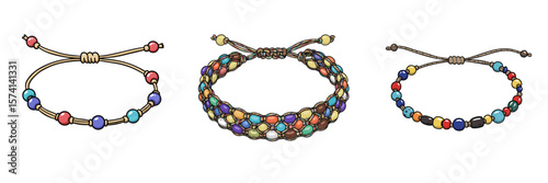A set of three illustrations of handmade colorful bracelets with beaded and thread designs