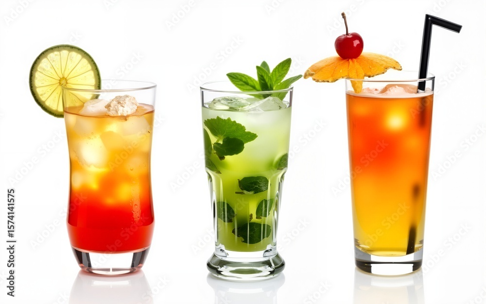 Cuba Libre, Long Island, Mojito, Paloma, Tequila Sunrise, Screwdriver cocktail transparent PNG set bundle, isolated background. Bar menu cocktails in highball glass, colorful refreshing drink garnish Cuba Libre, Long Island, Mojito, Paloma, Tequila Sunrise, Screwdriver cocktail transparent PNG set bundle, isolated background. Bar menu cocktails in highball glass, colorful refreshing drink garnish