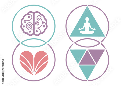 Illustration of brain heart meditation and geometric shapes