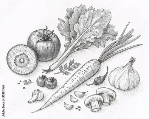 The image is a black and white illustration of various vegetables, including a tomato, lettuce, carrot, garlic, mushrooms, and other smaller vegetables, arranged on a surface. The illustration has a d