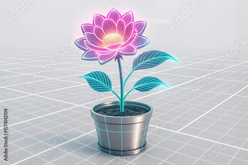 depicts a 3D-rendered flower in a pot, with neon lines and grid patterns in the background, giving it a futuristic and digital appearance.