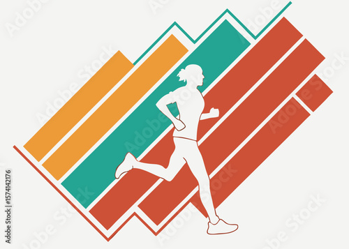 Illustration of Running Woman Silhouette with Abstract Color Blocks