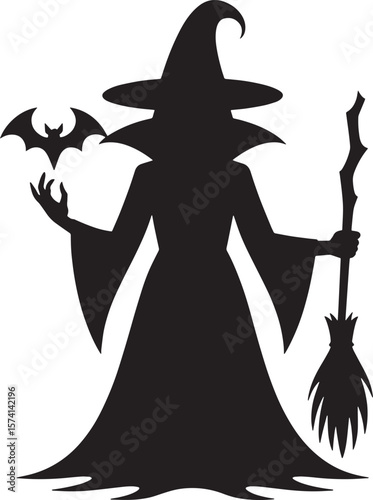 witch Halloween black silhouette vector, spooky simple silhouette design icon on white background, Halloween clipart illustration