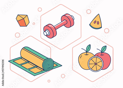 Illustration of wellness icons including dumbbell fruit and yoga mat
