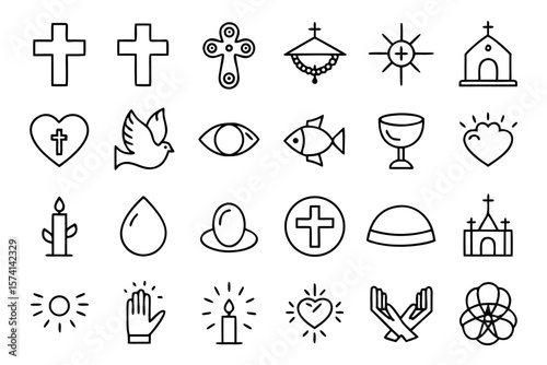 Collection of sacred symbols and figures representing christian faith including depictions of jesus presented in a clean modern outline graphic style for digital use