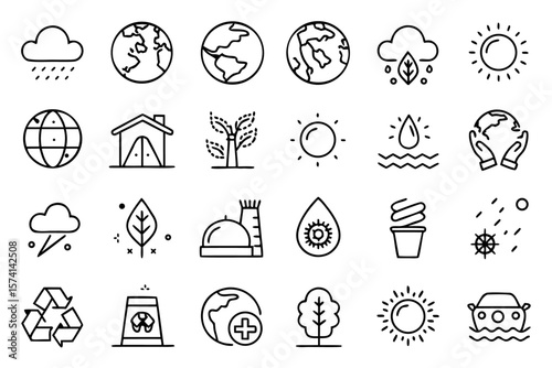 Modern minimalist collection of earth and climate related symbols for environmental awareness and global warming campaigns
