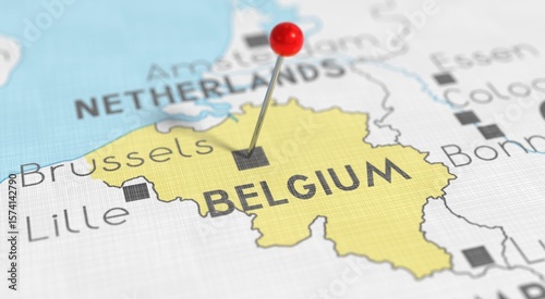 Belgium, Brussels - push pin on political map - 3D illustration