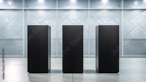 Three minimalist black pedestals stand in a modern gallery space with a decorative frosted glass wall