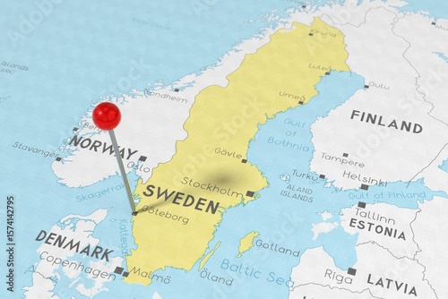Canvas Print Sweden, Stockholm - push pin on political map - 3D illustration