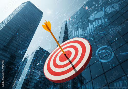 A red and white target with an arrow in the center, set against a city skyline