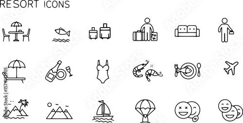 Resort icons collection featuring vacation elements and activities  