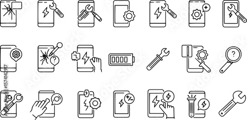 Mobile device repair icons with tools and battery symbols  