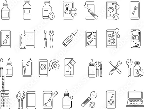 Collection of technical tools and equipment icons in line art style  