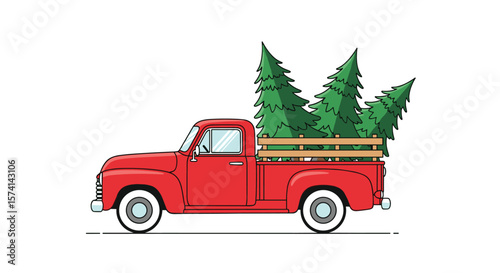 Retro Red Pickup Truck Transporting Freshly Cut Evergreen Trees for Holiday Celebrations