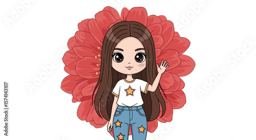 Cute Cartoon Girl Character Design with Big Eyes and Flower Background Illustration
