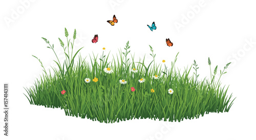 Beautiful Meadow Scene With Butterflies Fluttering Over Wildflowers and Lush Green Grass