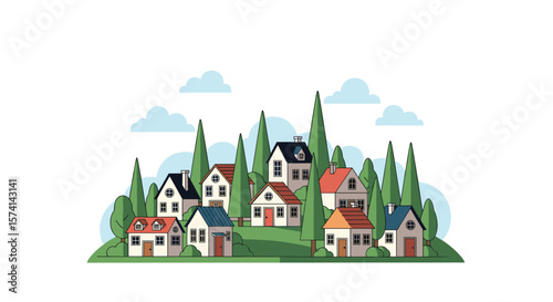 Charming Village Scene with Many Houses and Tall Green Trees on Hillsides