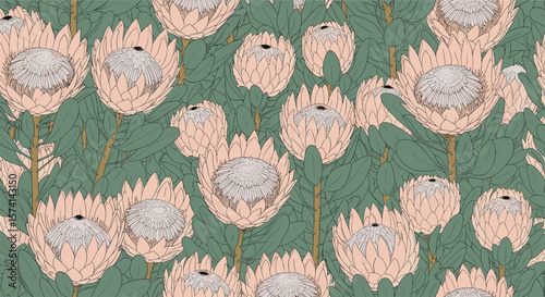 Charming Pastel Floral Pattern Illustration with Abstract Artistic Textures on Green Background