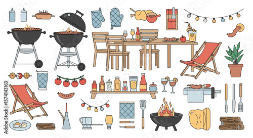 Outdoor Summer Barbecue Party Food Cooking And Decoration Elements Collection