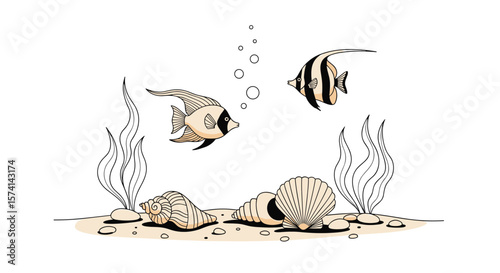 Decorative Aquarium Design Featuring Angelfish and Aquatic Plants with Natural Elements