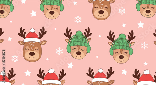 Adorable Festive Deer Faces with Snowflakes and Stars for Winter Holidays