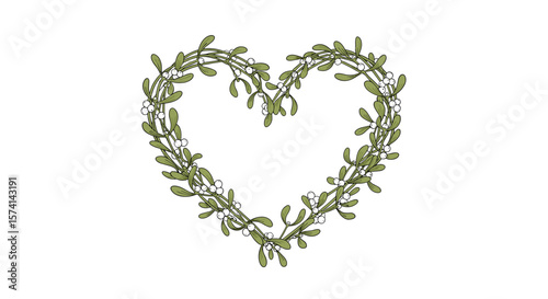 Elegant Heart Shaped Botanical Wreath with Delicate Green Leaves and Floral Accents Adorning Nature's Beauty