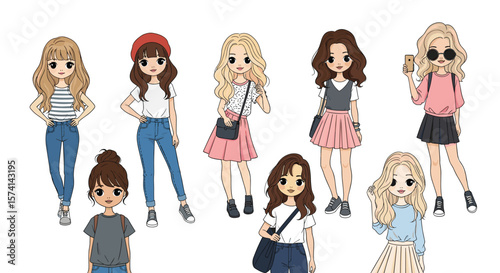 Diverse Group of Young Women Showcasing Stylish Casual Fashion Trends and Diverse Hairstyles