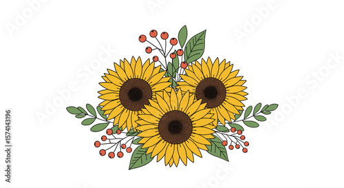 Beautiful Yellow Sunflowers and Green Leaves Arrangement with Red Berries for Summer and Autumn Decorations