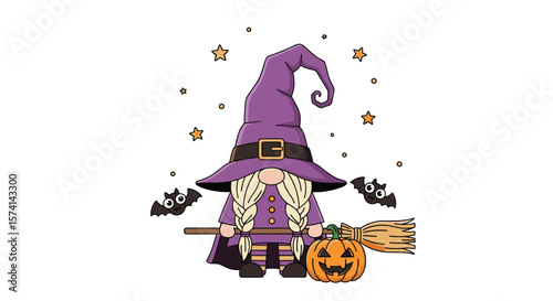 Adorable Purple Witch Gnome Holding a Broomstick with a Pumpkin and Bats for Halloween Fun