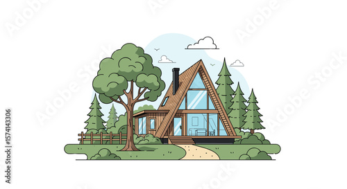 Modern A Frame Cabin Design Surrounded by Lush Green Trees and Fencing