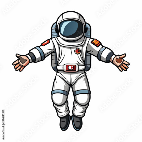 Astronaut floating with open arms space suit white