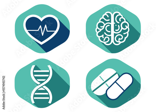 Medical Icons Heart Brain D N A Pills on Teal Hexagons