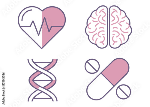 Medical Icons Heart Brain D N A Pill Capsule Illustration