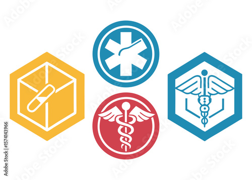 Medical Icons Set: Pill, Star of Life, Caduceus, and Medical Symbol