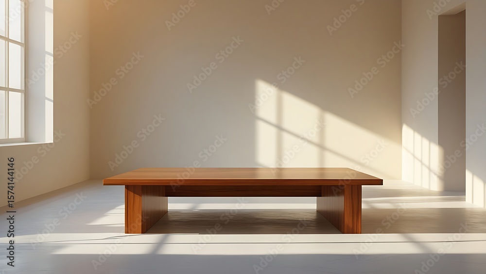 Fototapeta premium A wooden table sits in a bright room with sunlight streaming through the window casting shadows on the floor