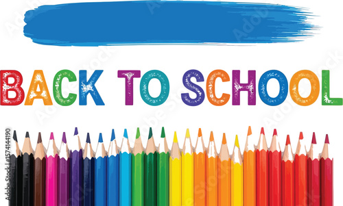 Back to school text with colored pencils and blue brushstroke on white background