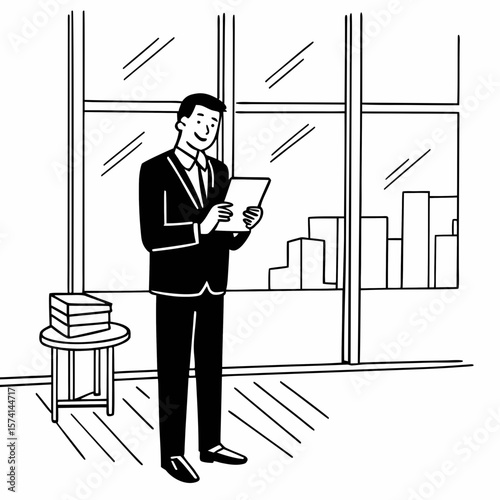 Happy middle aged business man ceo wearing suit standing in office using digital tablet. Smiling mature businessman professional executive manager looking away thinking working on tech device.