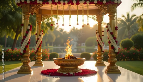 Mandap with Vedic altar, golden fire pit (havan kund), and rose garlands