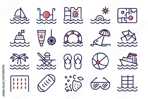 Vibrant collection of summer activity symbols featuring beach fun outdoor recreation and travel elements in bright eye catching colors for diverse design projects