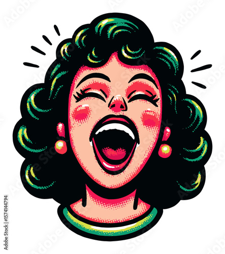 Vibrant Cartoon Woman with Dark Hair and Fun Accessories Expressing Joy