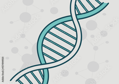 Teal D N A helix illustration with molecular background on a light gray backdrop