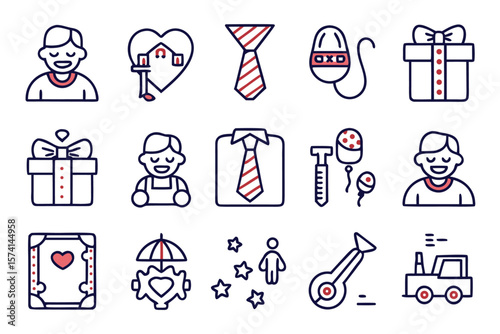 Collection of father s day themed graphic elements and symbols celebrating paternal relationships and family bonds with a festive and heartfelt design aesthetic